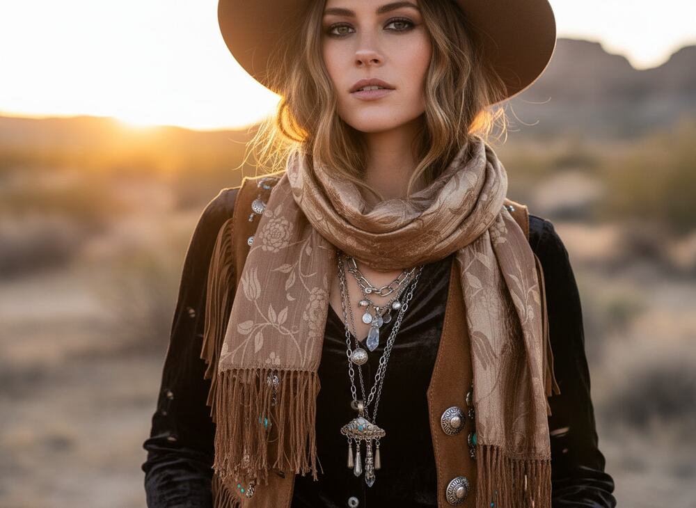 Floral Brown & Gold Fringed Scarf Boho Wrap